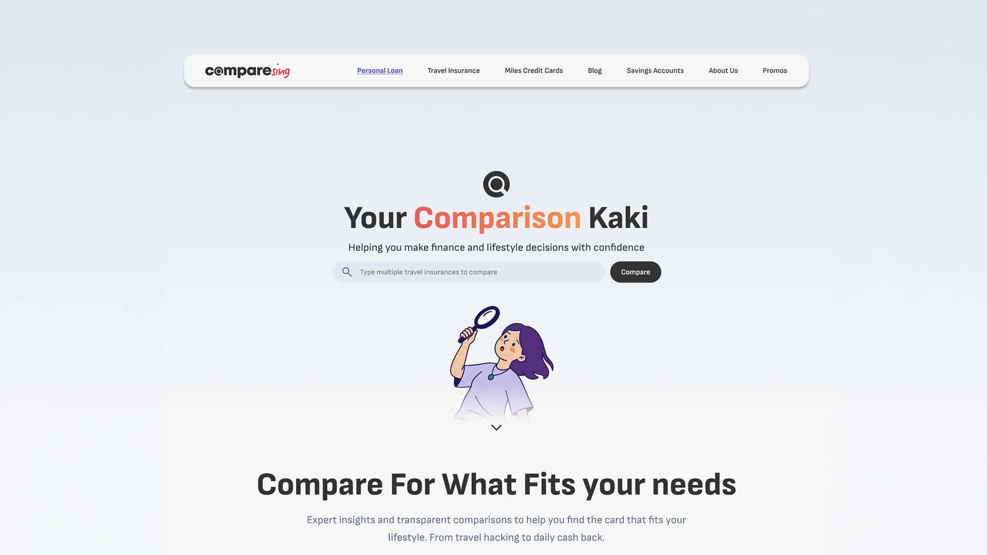 CompareSing home page: “Your Comparison Kaki” search above “Compare For What Fits your needs”