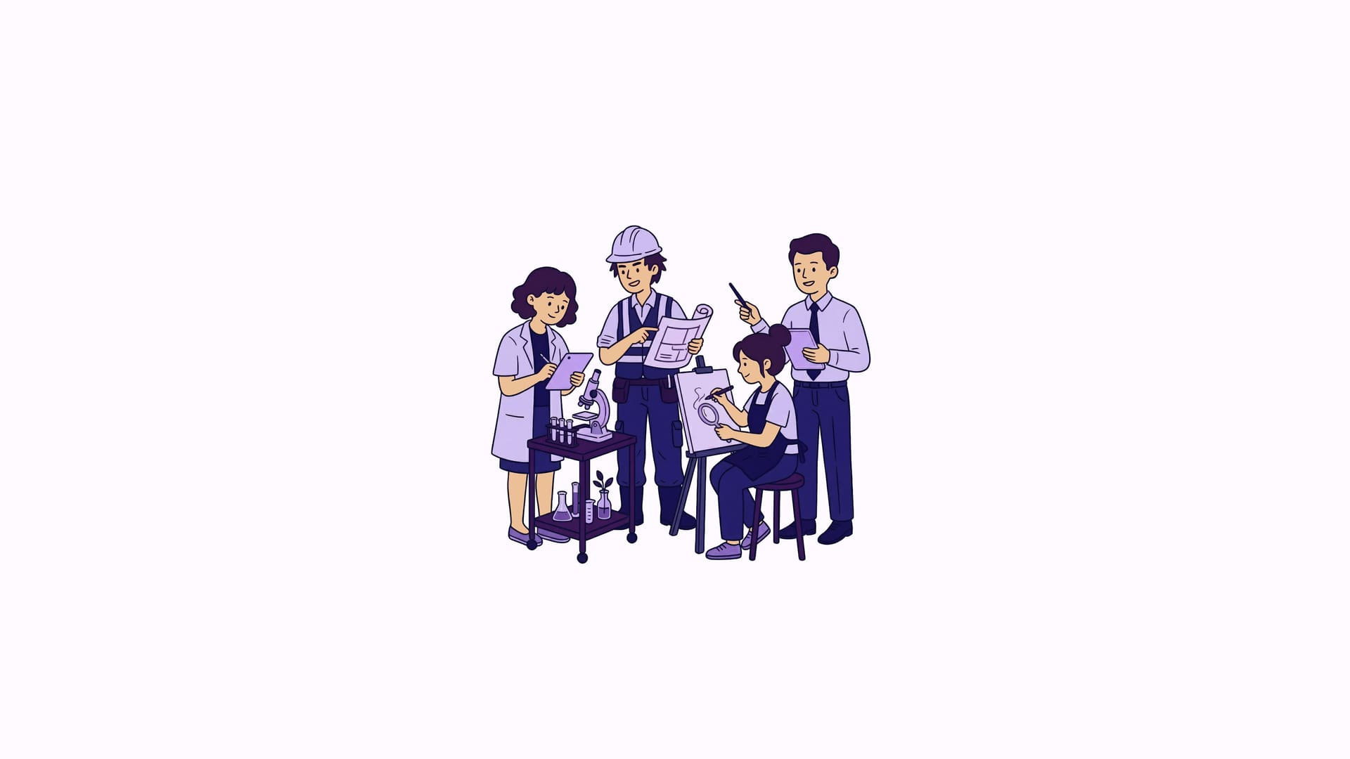 Illustration of a scientist, an engineer and two professionals at work