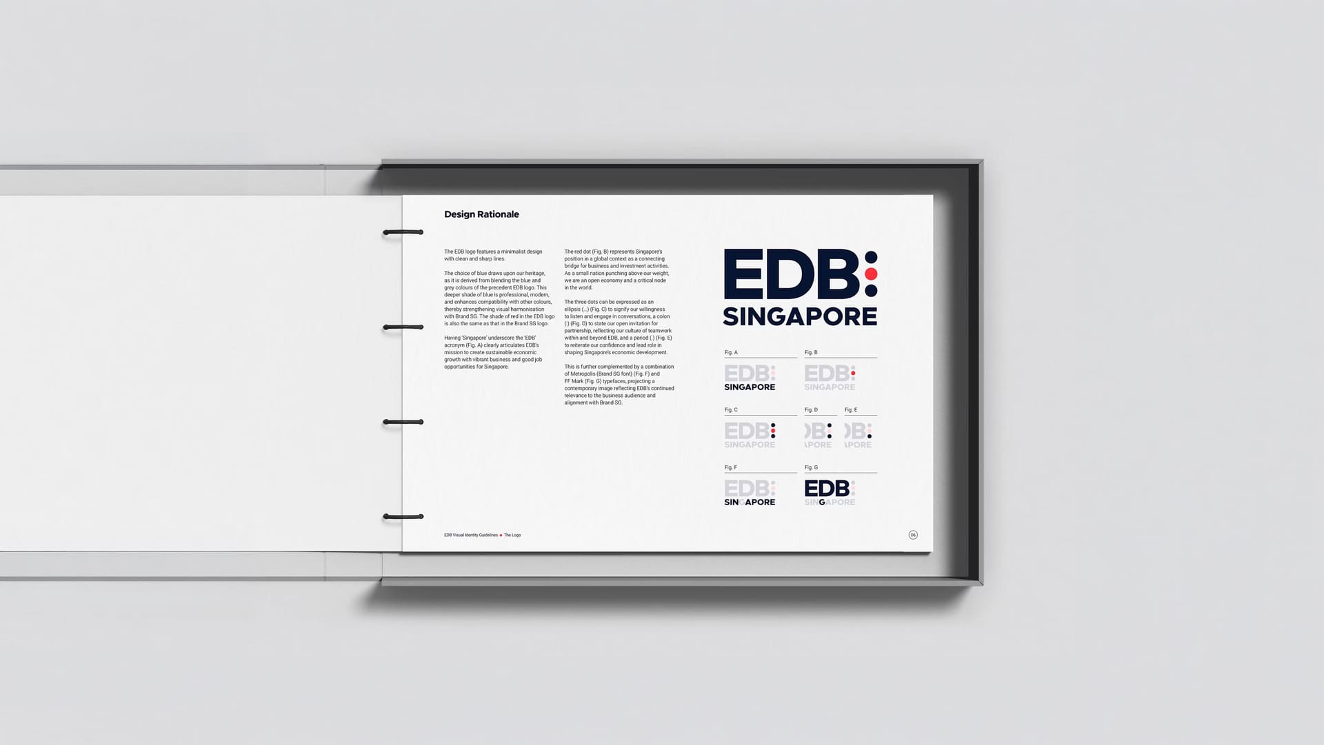 EDB Singapore brand guidelines book open on the design rationale spread