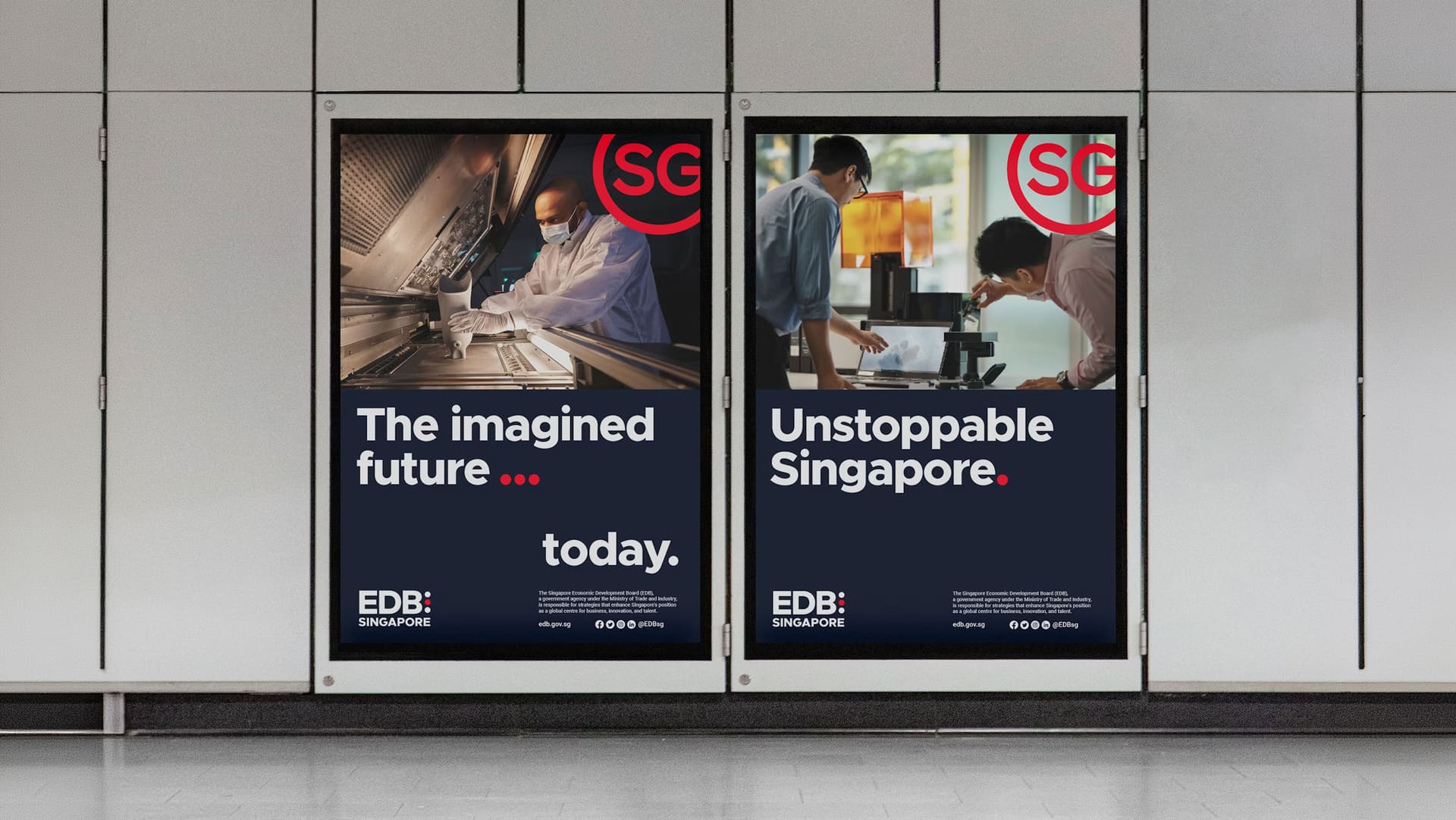 Two EDB posters in a station: “The imagined future… today.” and “Unstoppable Singapore.”