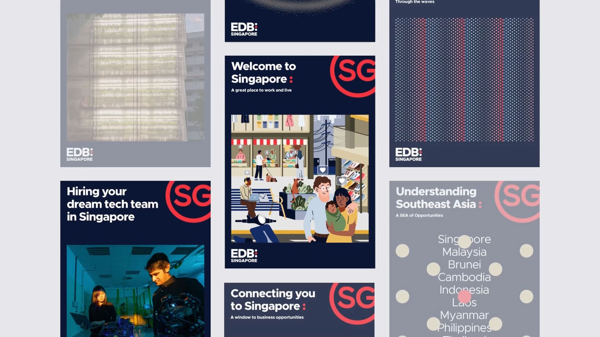EDB publication covers: “Welcome to Singapore”, “Hiring your dream tech team in Singapore”, “Understanding Southeast Asia”