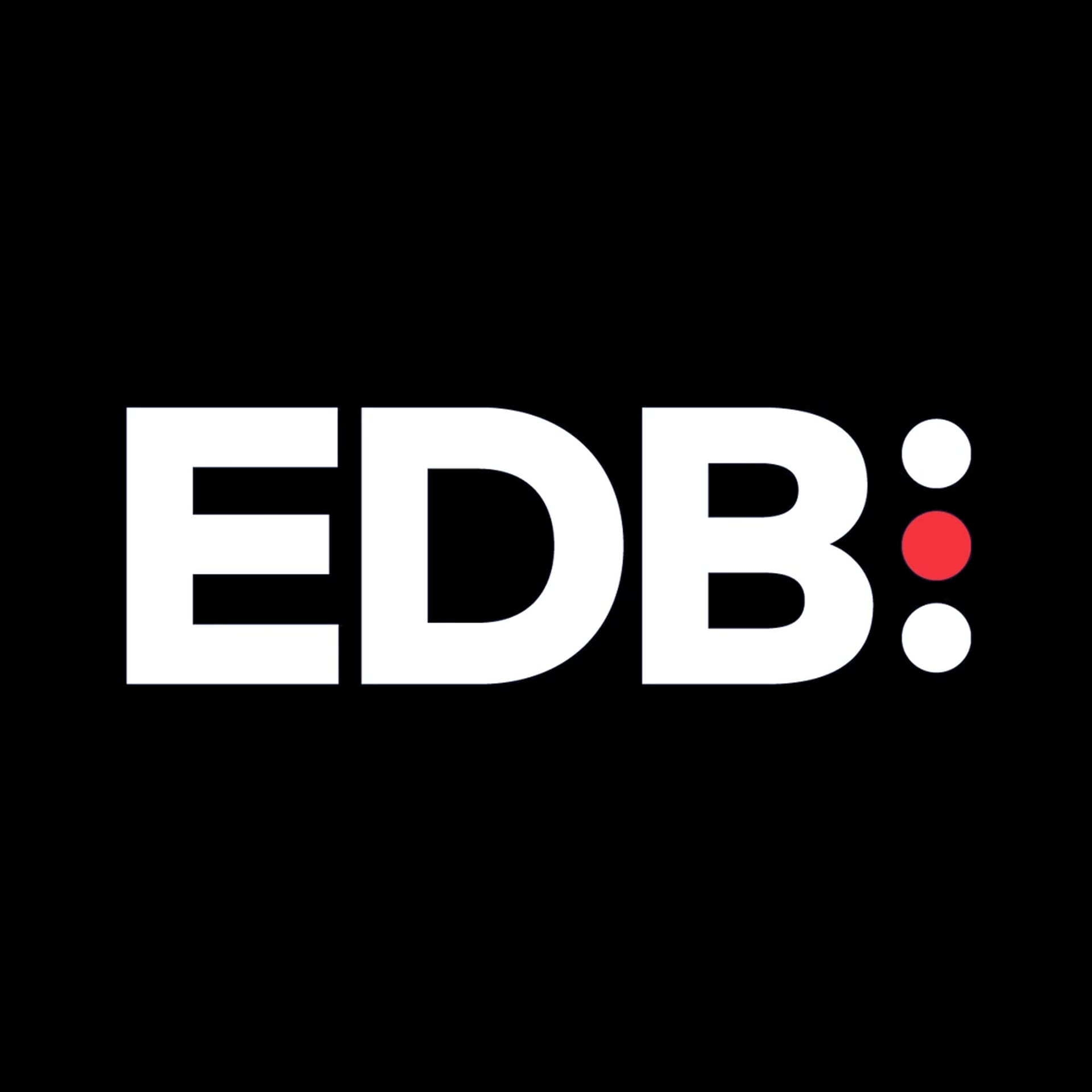 EDB logo in white with a red dot on black