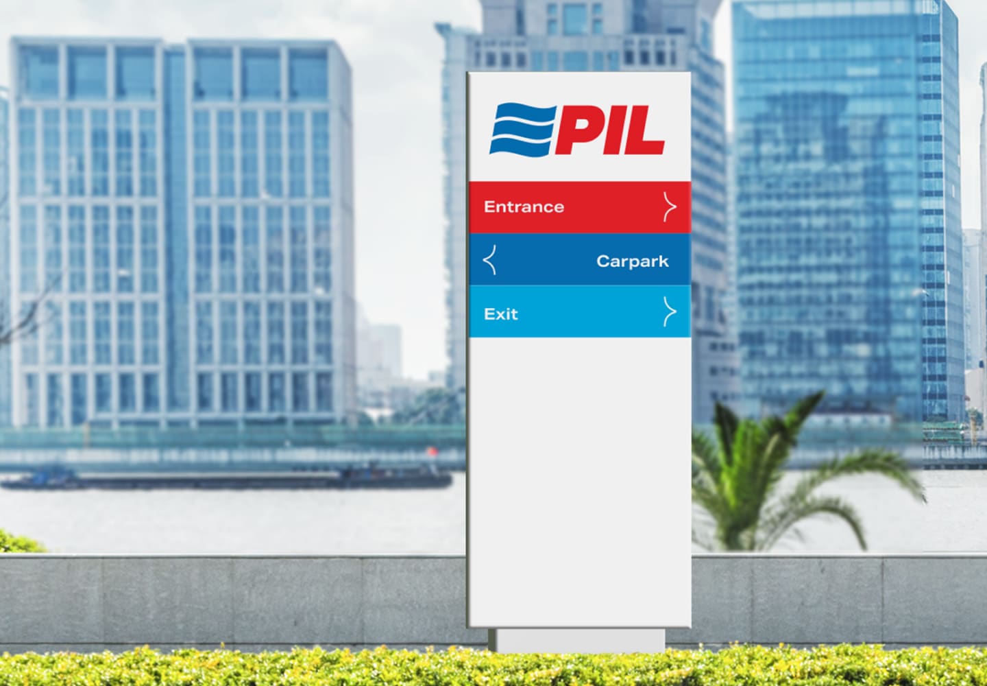 PIL wayfinding totem with Entrance, Carpark and Exit signs