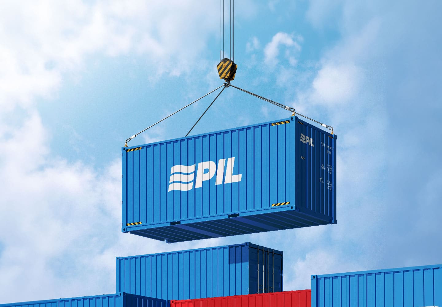 PIL container lifted by a crane above stacked containers