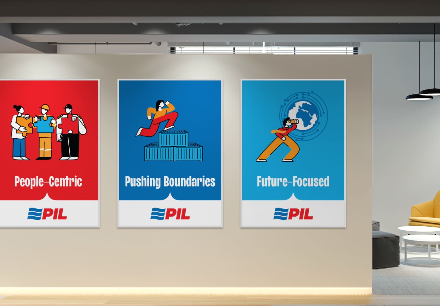Office posters for the values People-Centric, Pushing Boundaries and Future-Focused