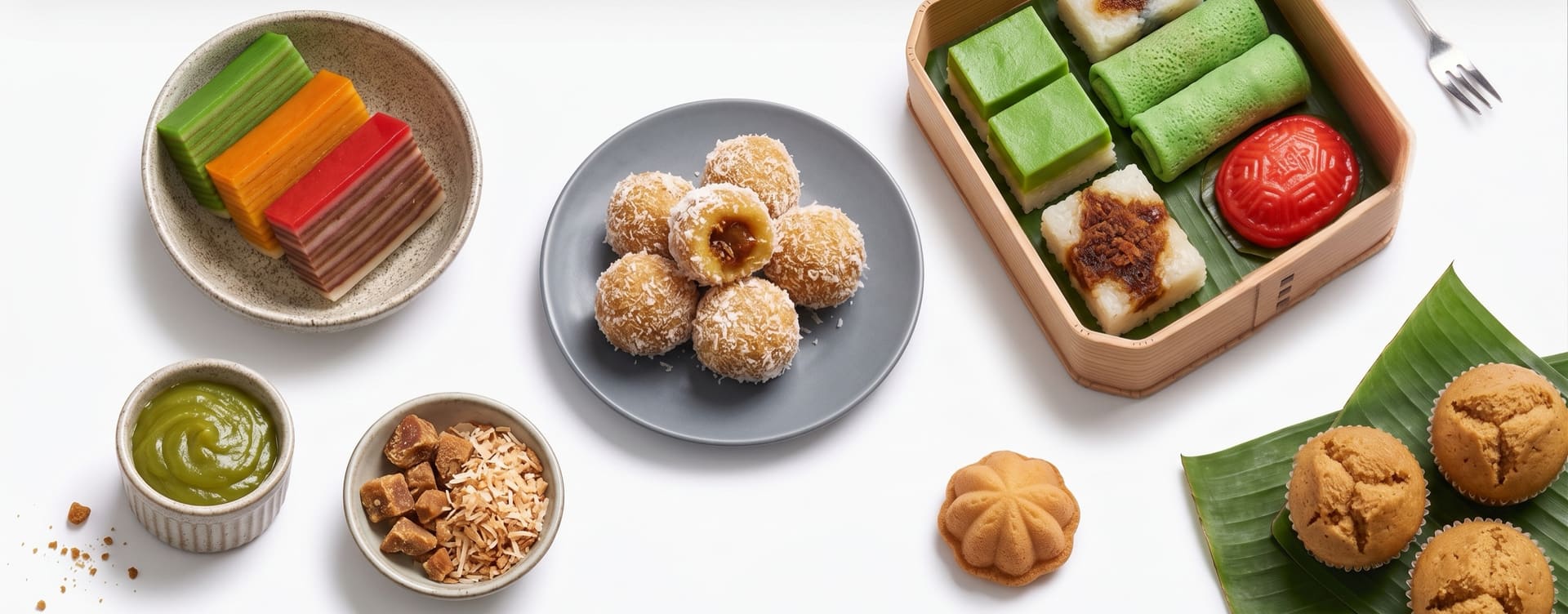 Spread of traditional kueh and local desserts