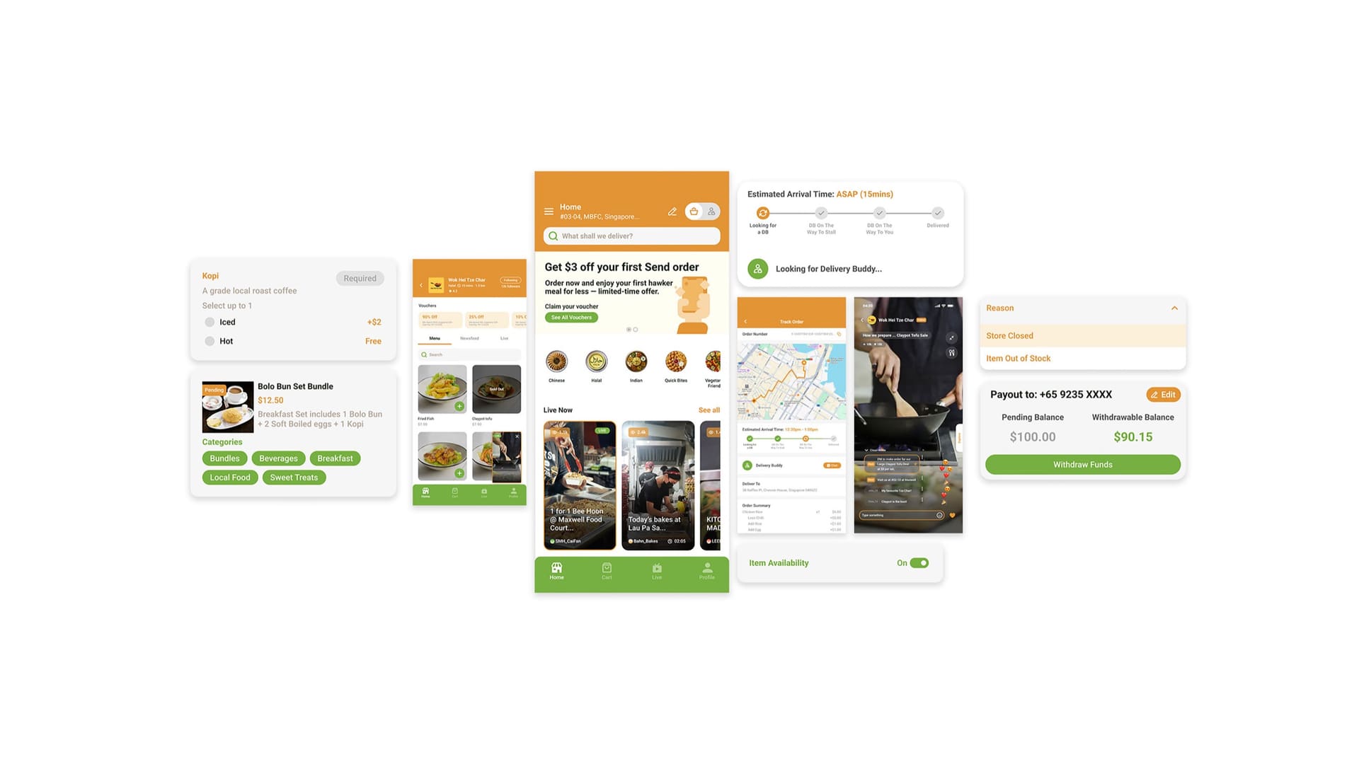 Send app screens: home feed, ordering, delivery tracking and merchant payouts